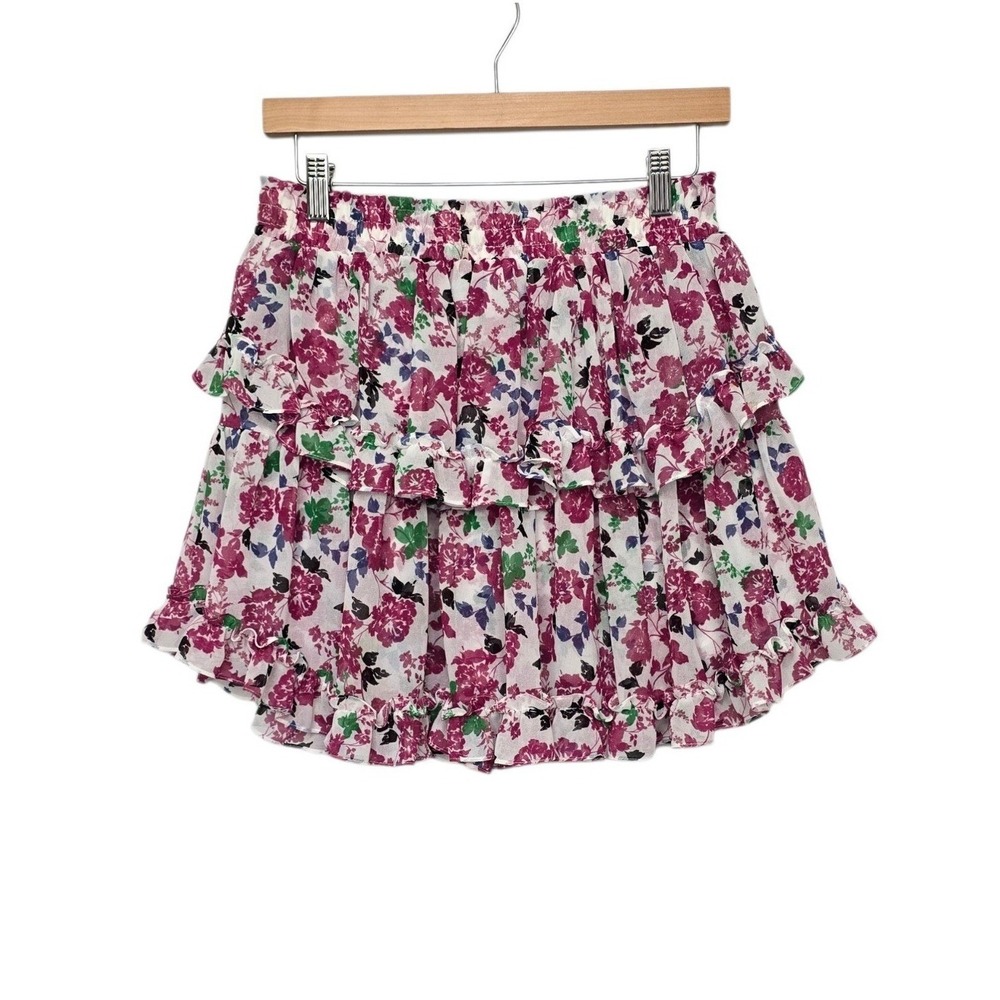 MISA Los Angeles Floral Ruffle Mini Skirt Pink Purple Tiered Smocked Size Med